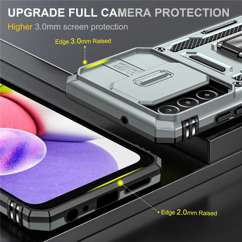 For Samsung Galaxy A03s (164.2mm) Hybrid Hard PC Soft TPU Case Kickstand Back Shell with Camera Cover - Grey