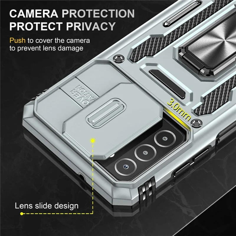 For Samsung Galaxy A03s (164.2mm) Hybrid Hard PC Soft TPU Case Kickstand Back Shell with Camera Cover - Grey