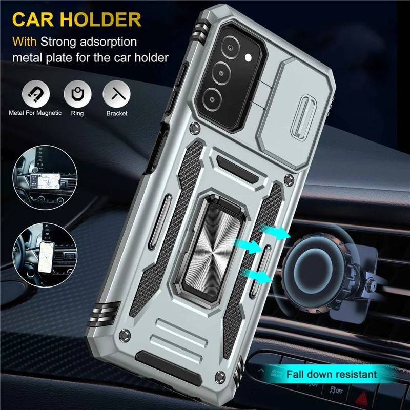 For Samsung Galaxy A03s (164.2mm) Hybrid Hard PC Soft TPU Case Kickstand Back Shell with Camera Cover - Grey
