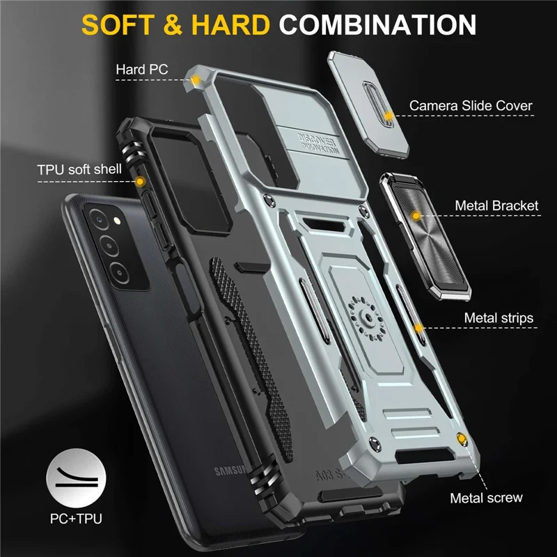 For Samsung Galaxy A03s (164.2mm) Hybrid Hard PC Soft TPU Case Kickstand Back Shell with Camera Cover - Grey