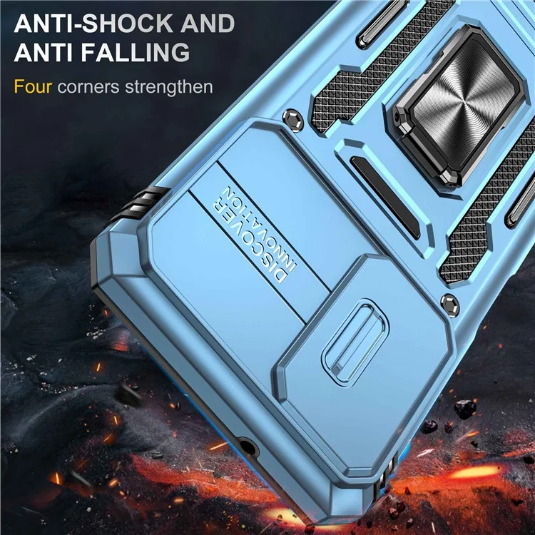 For Samsung Galaxy A03s (164.2 x 75.9 x 9.1mm) Armor Series Drop-proof Hybrid Hard PC Soft TPU Shockproof Case Ring Car Mount Kickstand Back Shell with Camera Cover - Light Blue