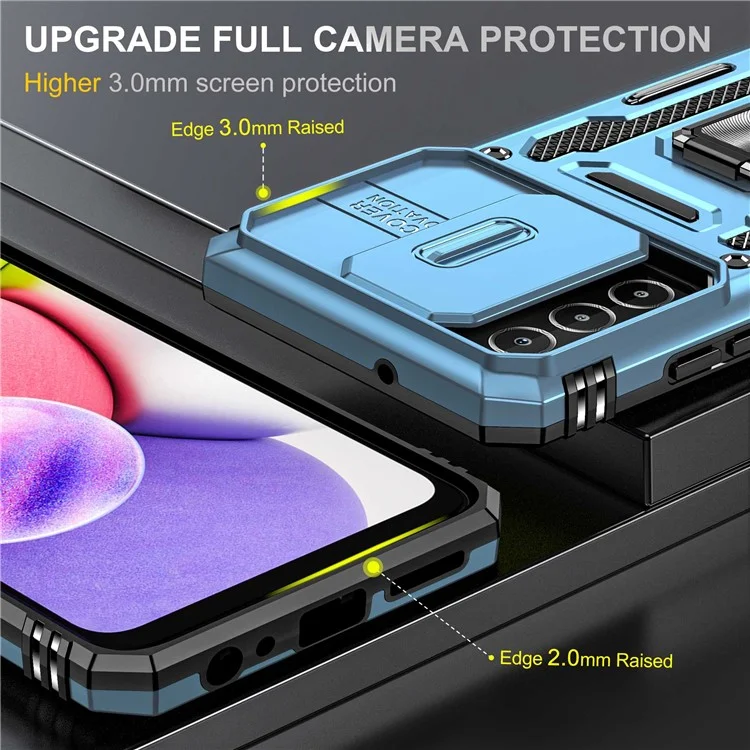 For Samsung Galaxy A03s (164.2 x 75.9 x 9.1mm) Armor Series Drop-proof Hybrid Hard PC Soft TPU Shockproof Case Ring Car Mount Kickstand Back Shell with Camera Cover - Light Blue