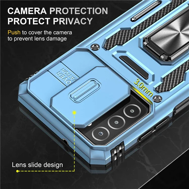 For Samsung Galaxy A03s (164.2 x 75.9 x 9.1mm) Armor Series Drop-proof Hybrid Hard PC Soft TPU Shockproof Case Ring Car Mount Kickstand Back Shell with Camera Cover - Light Blue