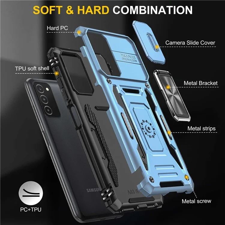 For Samsung Galaxy A03s (164.2 x 75.9 x 9.1mm) Armor Series Drop-proof Hybrid Hard PC Soft TPU Shockproof Case Ring Car Mount Kickstand Back Shell with Camera Cover - Light Blue