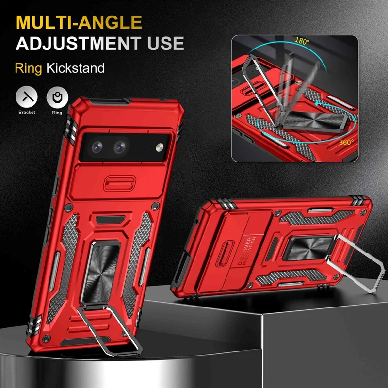 Phone Case for Google Pixel 7 5G Armor Series Hard PC Soft TPU Shockproof Case with Kickstand / Sliding Camera Cover - Red