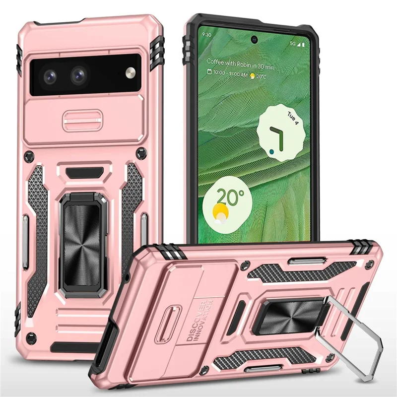 Phone Case for Google Pixel 7 5G Armor Series Hard PC Soft TPU Shockproof Case with Kickstand / Sliding Camera Cover - Rose Gold