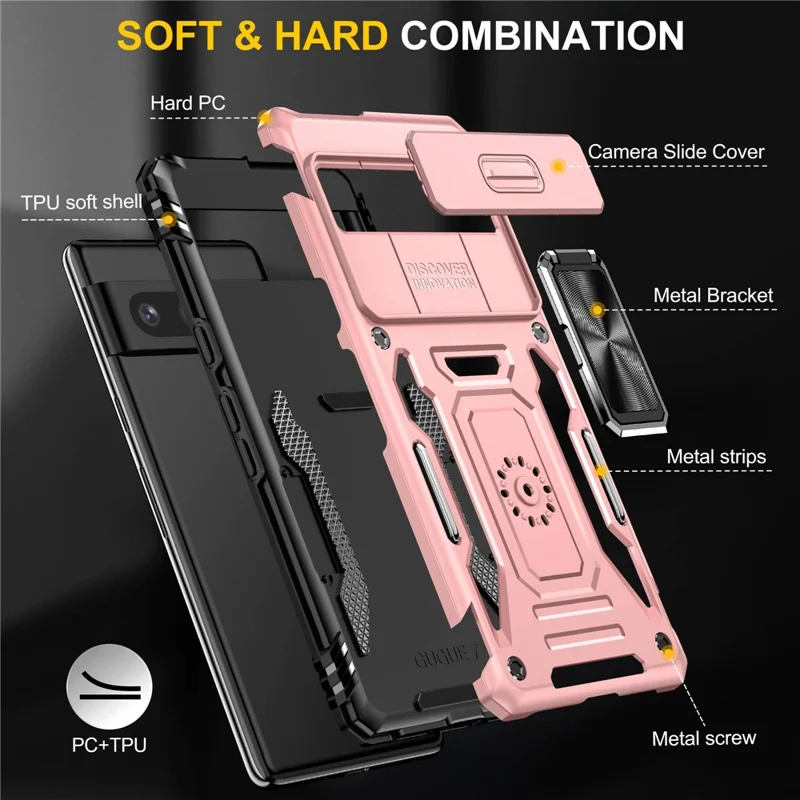 Phone Case for Google Pixel 7 5G Armor Series Hard PC Soft TPU Shockproof Case with Kickstand / Sliding Camera Cover - Rose Gold