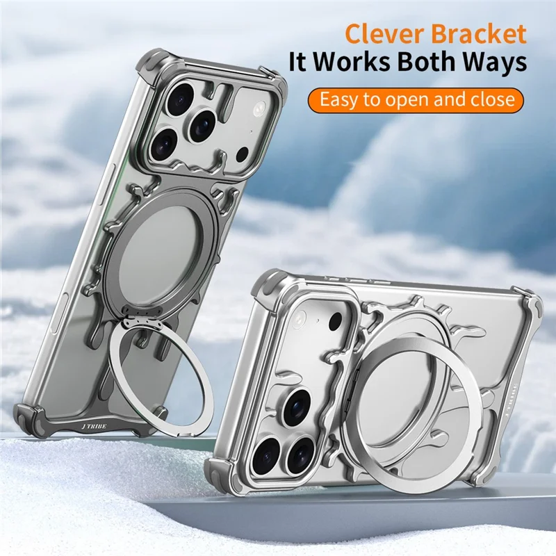 Glacier Series for iPhone 17 Pro Max Bumper Case Rotating Kickstand Metal Phone Cover Compatible with MagSafe - Silver