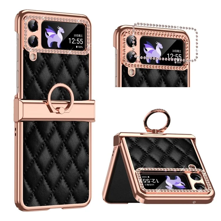 Pour Samsung Galaxy Z Flip4 5G Ring Kickstand PU Leather Coated PC Phone Case Rhinestone Decor Electroplate Imprinted Rhombus Grid Pattern Shockproof Cover - Noir