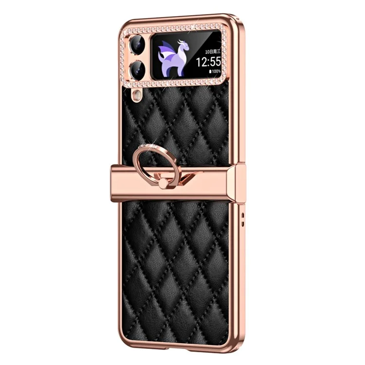 Pour Samsung Galaxy Z Flip4 5G Ring Kickstand PU Leather Coated PC Phone Case Rhinestone Decor Electroplate Imprinted Rhombus Grid Pattern Shockproof Cover - Noir