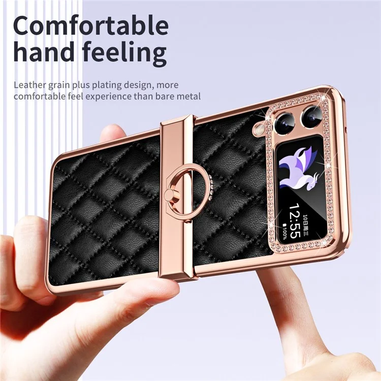 Pour Samsung Galaxy Z Flip4 5G Ring Kickstand PU Leather Coated PC Phone Case Rhinestone Decor Electroplate Imprinted Rhombus Grid Pattern Shockproof Cover - Noir