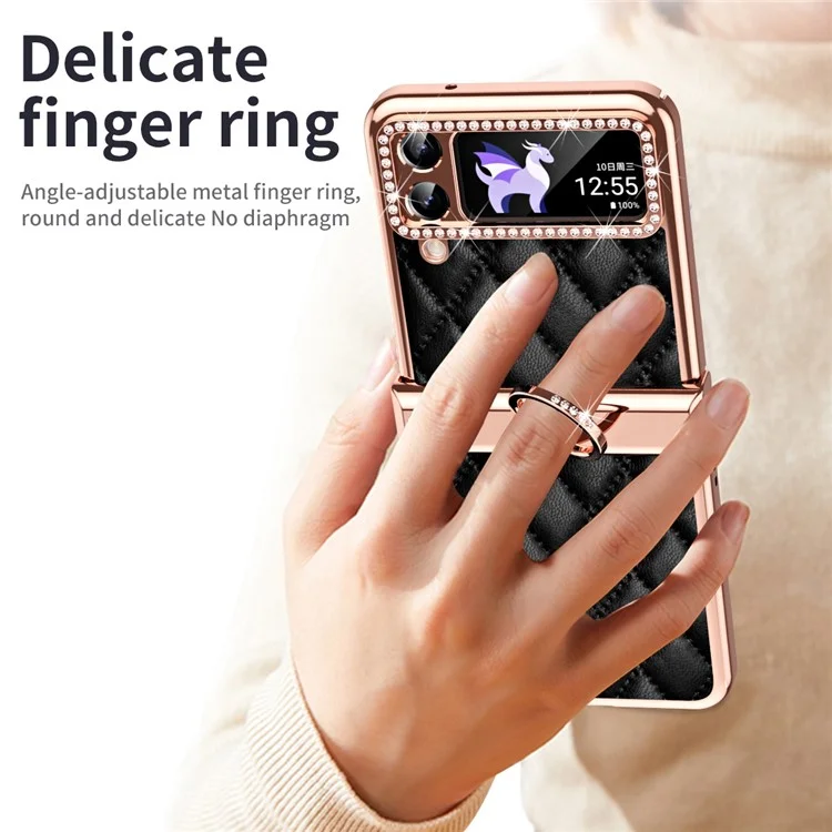 Pour Samsung Galaxy Z Flip4 5G Ring Kickstand PU Leather Coated PC Phone Case Rhinestone Decor Electroplate Imprinted Rhombus Grid Pattern Shockproof Cover - Noir
