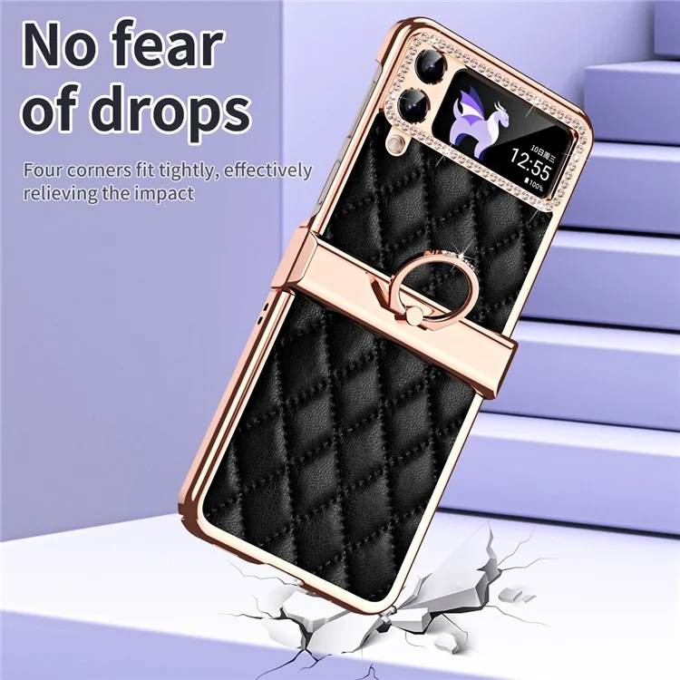 Pour Samsung Galaxy Z Flip4 5G Ring Kickstand PU Leather Coated PC Phone Case Rhinestone Decor Electroplate Imprinted Rhombus Grid Pattern Shockproof Cover - Noir