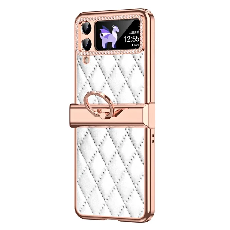 For Samsung Galaxy Z Flip4 5G Ring Kickstand PU Leather Coated PC Phone Case Rhinestone Decor Electroplate Imprinted Rhombus Grid Pattern Shockproof Cover - White