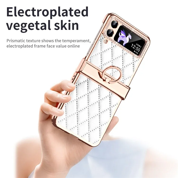 For Samsung Galaxy Z Flip4 5G Ring Kickstand PU Leather Coated PC Phone Case Rhinestone Decor Electroplate Imprinted Rhombus Grid Pattern Shockproof Cover - White