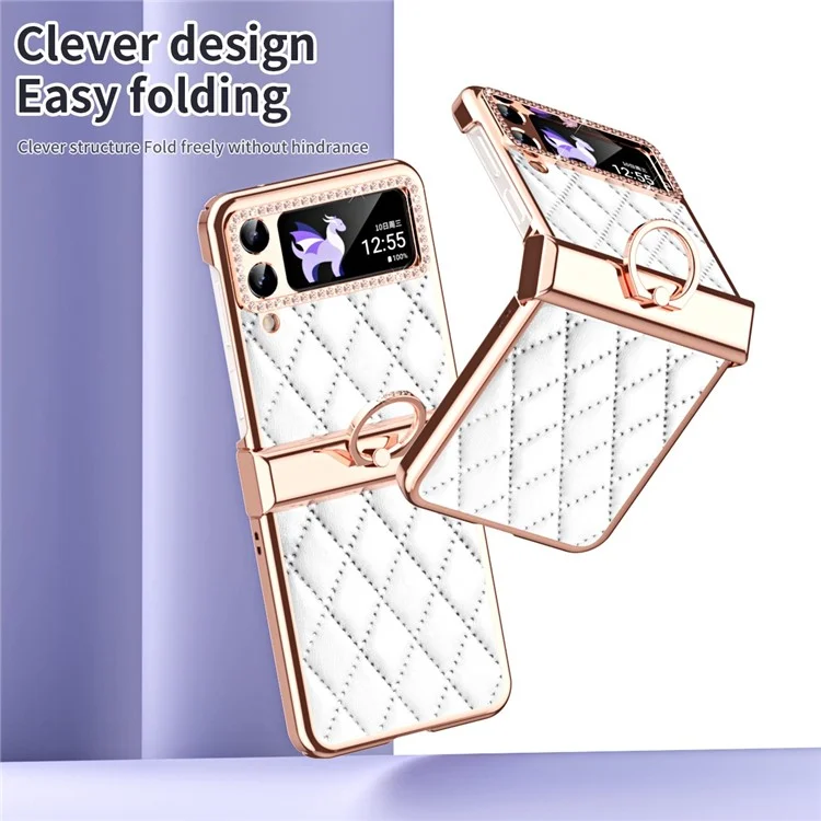 For Samsung Galaxy Z Flip4 5G Ring Kickstand PU Leather Coated PC Phone Case Rhinestone Decor Electroplate Imprinted Rhombus Grid Pattern Shockproof Cover - White