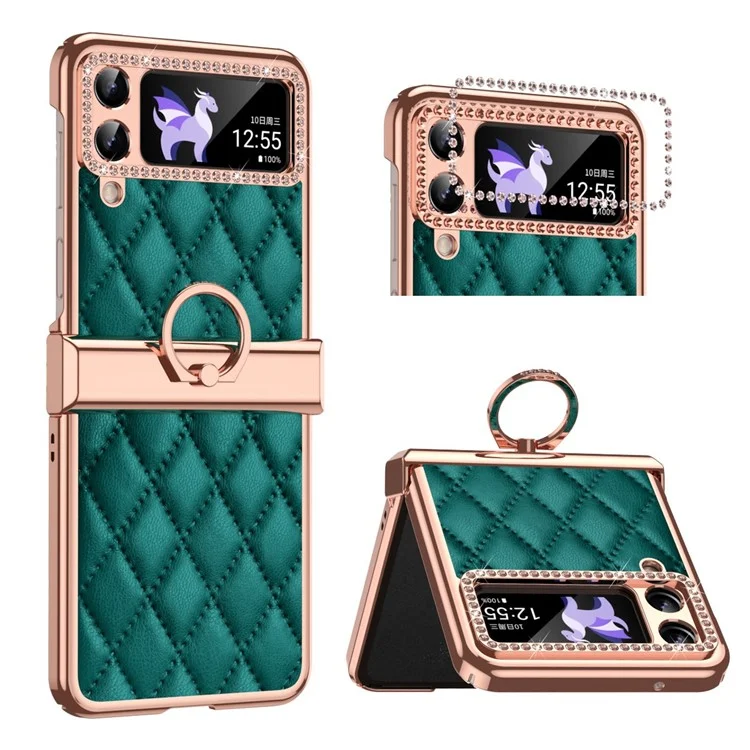 For Samsung Galaxy Z Flip4 5G Ring Kickstand PU Leather Coated PC Phone Case Rhinestone Decor Electroplate Imprinted Rhombus Grid Pattern Shockproof Cover - Green