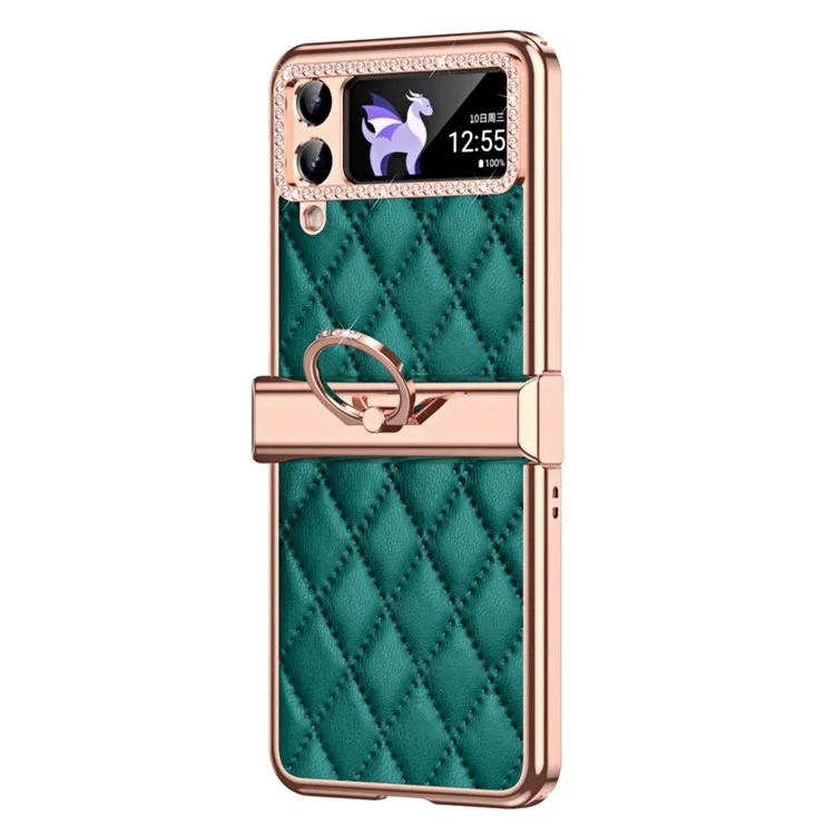 For Samsung Galaxy Z Flip4 5G Ring Kickstand PU Leather Coated PC Phone Case Rhinestone Decor Electroplate Imprinted Rhombus Grid Pattern Shockproof Cover - Green