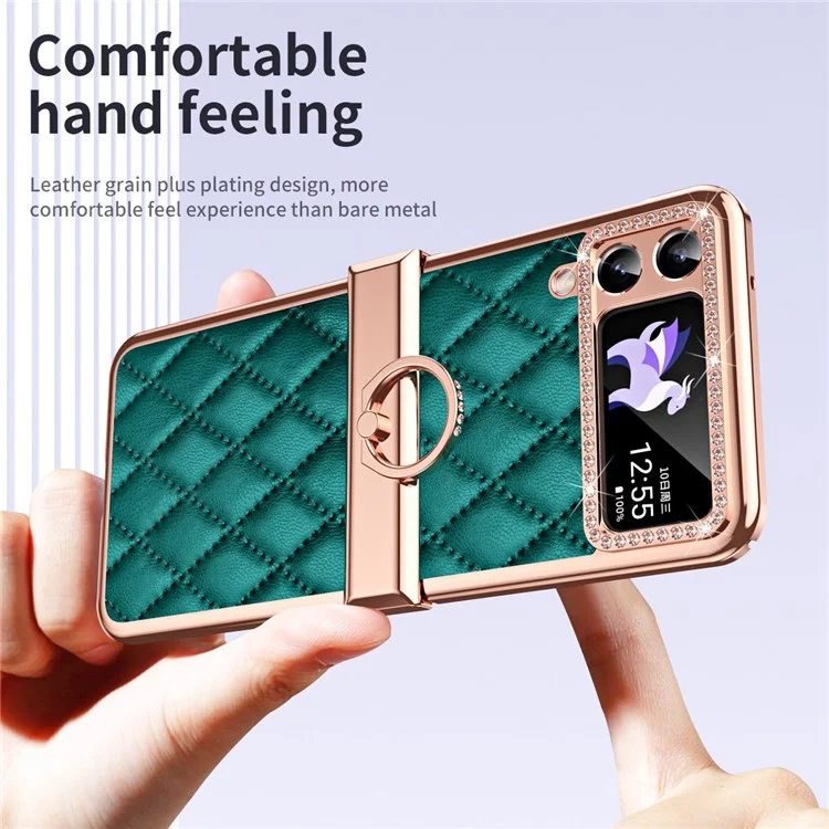 For Samsung Galaxy Z Flip4 5G Ring Kickstand PU Leather Coated PC Phone Case Rhinestone Decor Electroplate Imprinted Rhombus Grid Pattern Shockproof Cover - Green