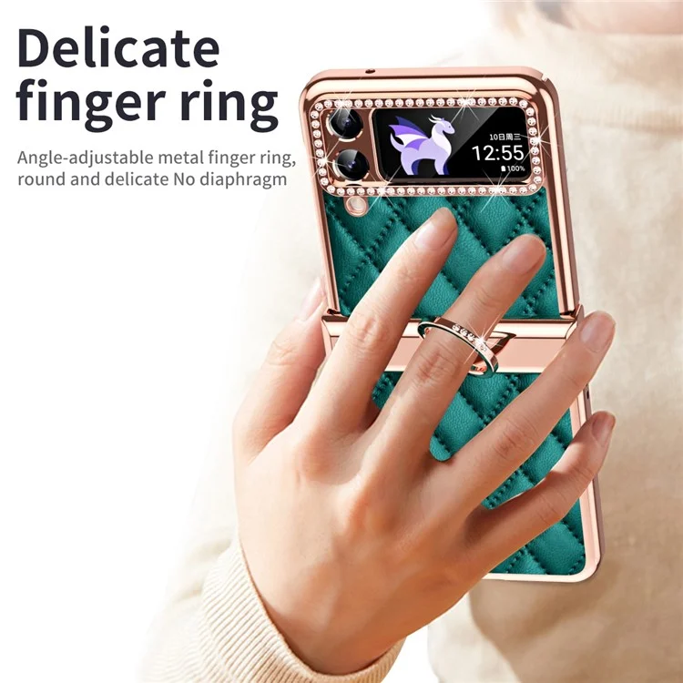 For Samsung Galaxy Z Flip4 5G Ring Kickstand PU Leather Coated PC Phone Case Rhinestone Decor Electroplate Imprinted Rhombus Grid Pattern Shockproof Cover - Green