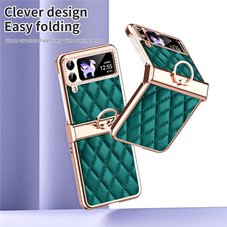 For Samsung Galaxy Z Flip4 5G Ring Kickstand PU Leather Coated PC Phone Case Rhinestone Decor Electroplate Imprinted Rhombus Grid Pattern Shockproof Cover - Green