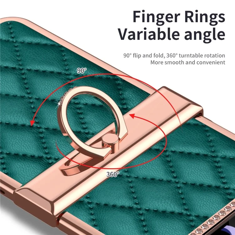 For Samsung Galaxy Z Flip4 5G Ring Kickstand PU Leather Coated PC Phone Case Rhinestone Decor Electroplate Imprinted Rhombus Grid Pattern Shockproof Cover - Green