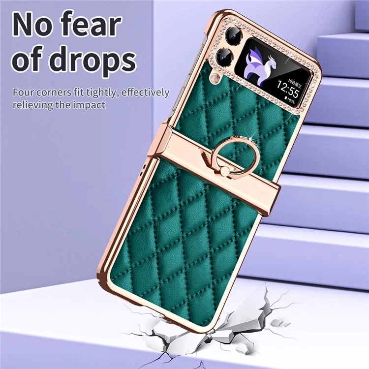 For Samsung Galaxy Z Flip4 5G Ring Kickstand PU Leather Coated PC Phone Case Rhinestone Decor Electroplate Imprinted Rhombus Grid Pattern Shockproof Cover - Green