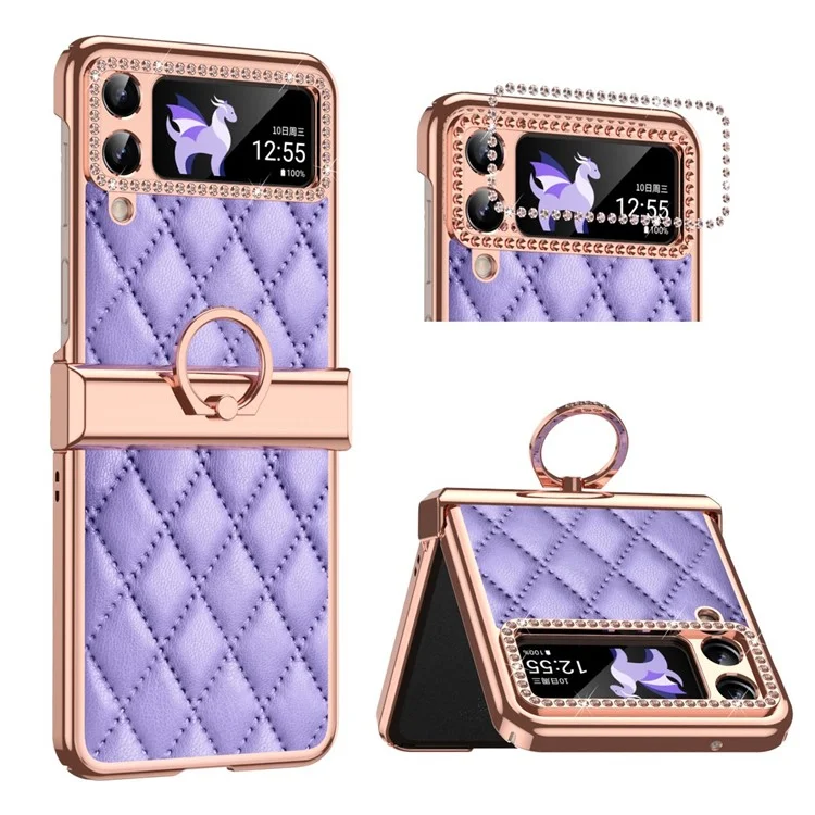 Für Samsung Galaxy Z Flip4 5G Ring Kickstand PU-Leder beschichtete PC-Handyhülle mit Rhinestone-Dekor, Elektroplattierung und Rauten-Gitter-Muster, stoßfest - Lila