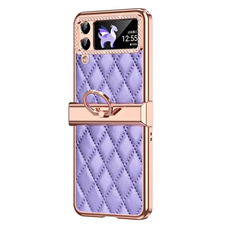 Für Samsung Galaxy Z Flip4 5G Ring Kickstand PU-Leder beschichtete PC-Handyhülle mit Rhinestone-Dekor, Elektroplattierung und Rauten-Gitter-Muster, stoßfest - Lila