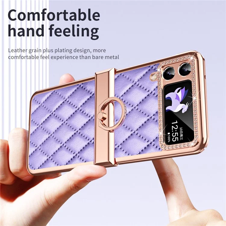 Für Samsung Galaxy Z Flip4 5G Ring Kickstand PU-Leder beschichtete PC-Handyhülle mit Rhinestone-Dekor, Elektroplattierung und Rauten-Gitter-Muster, stoßfest - Lila