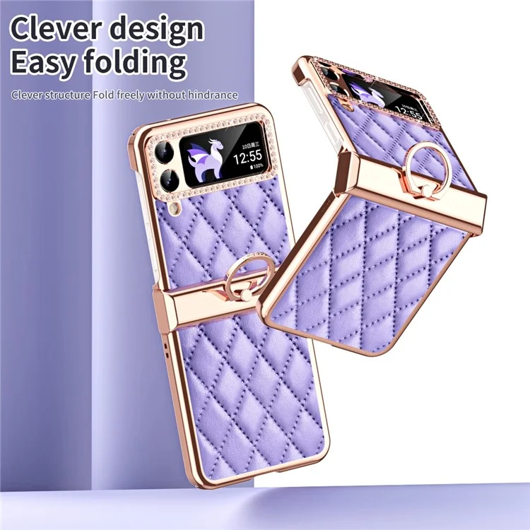 Für Samsung Galaxy Z Flip4 5G Ring Kickstand PU-Leder beschichtete PC-Handyhülle mit Rhinestone-Dekor, Elektroplattierung und Rauten-Gitter-Muster, stoßfest - Lila