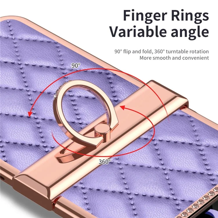 Für Samsung Galaxy Z Flip4 5G Ring Kickstand PU-Leder beschichtete PC-Handyhülle mit Rhinestone-Dekor, Elektroplattierung und Rauten-Gitter-Muster, stoßfest - Lila