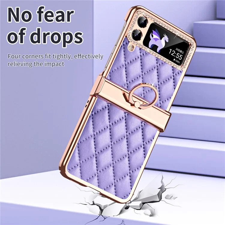 Für Samsung Galaxy Z Flip4 5G Ring Kickstand PU-Leder beschichtete PC-Handyhülle mit Rhinestone-Dekor, Elektroplattierung und Rauten-Gitter-Muster, stoßfest - Lila