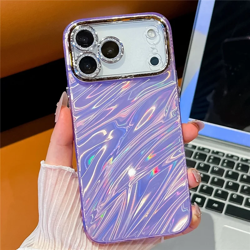 Funda para iPhone 17 Pro con Diseño IMD Híbrida Antigolpes con Película de Lente de Vidrio - Patrón de Ondas / Morado