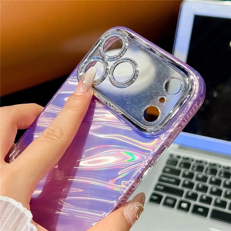 Funda para iPhone 17 Pro con Diseño IMD Híbrida Antigolpes con Película de Lente de Vidrio - Patrón de Ondas / Morado