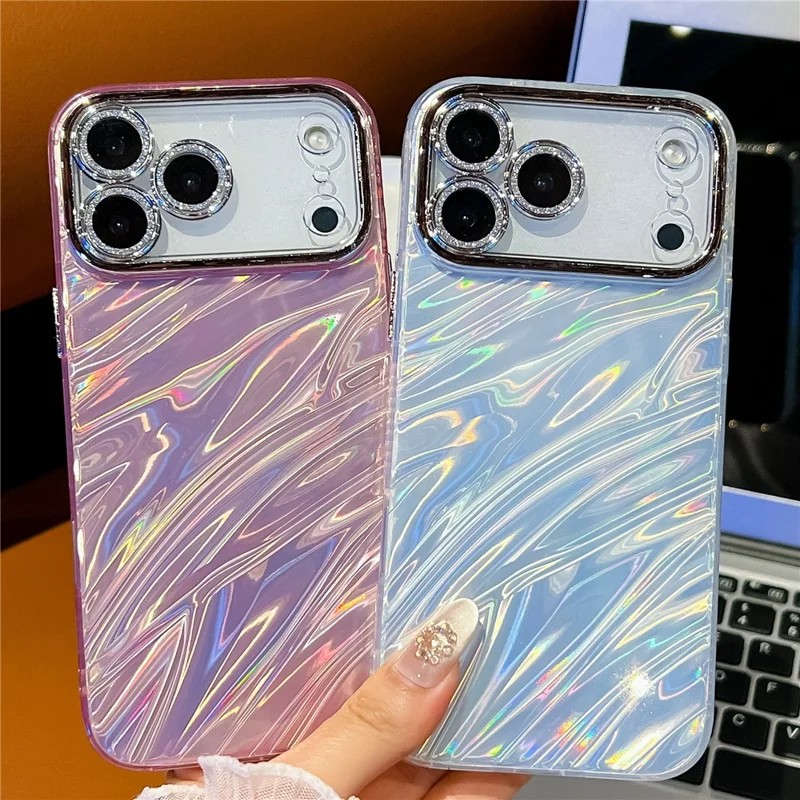 Funda para iPhone 17 Pro Max con Diseño IMD Antichoque Híbrida con Película de Lente de Vidrio - Patrón Ondulado / Púrpura