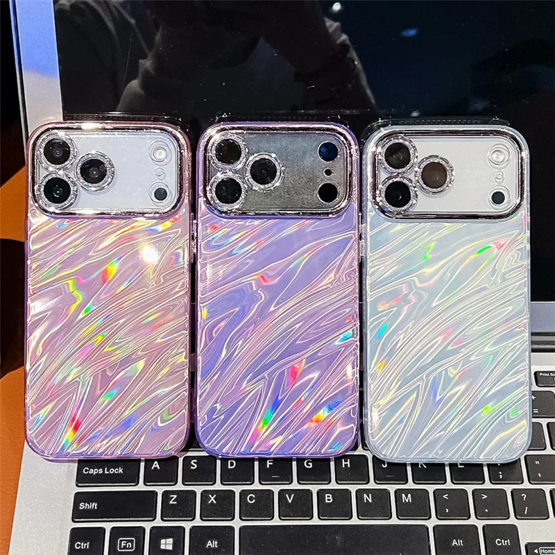 Funda para iPhone 17 Pro Max con Diseño IMD Antichoque Híbrida con Película de Lente de Vidrio - Patrón Ondulado / Púrpura