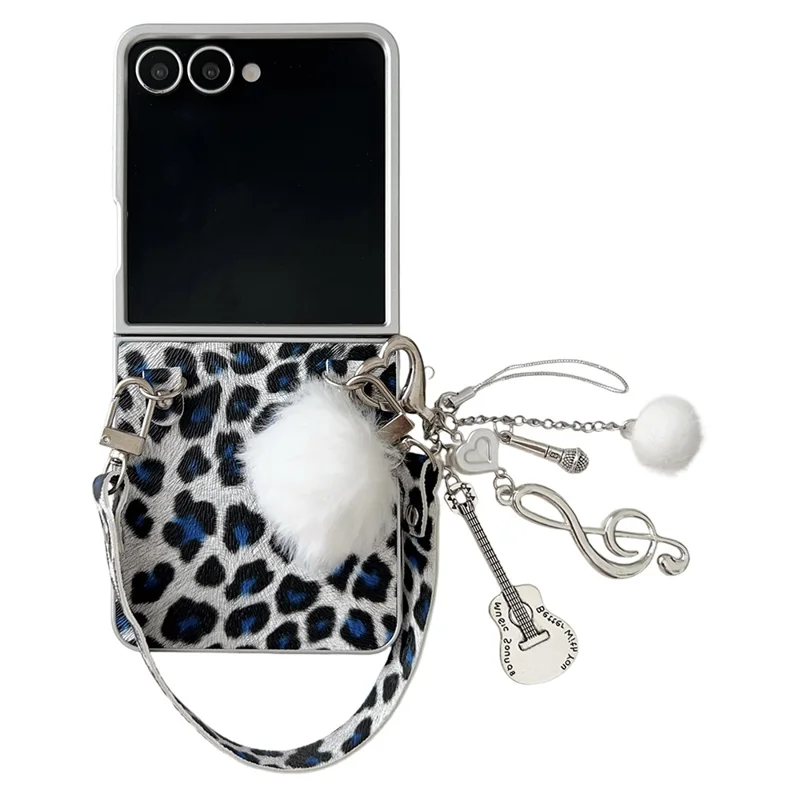 For Samsung Galaxy Z Flip7 5G Case Leopard Print Leather + PC Phone Cover with Guitar Pendant and Strap - White