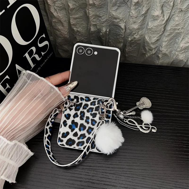For Samsung Galaxy Z Flip7 5G Case Leopard Print Leather + PC Phone Cover with Guitar Pendant and Strap - White