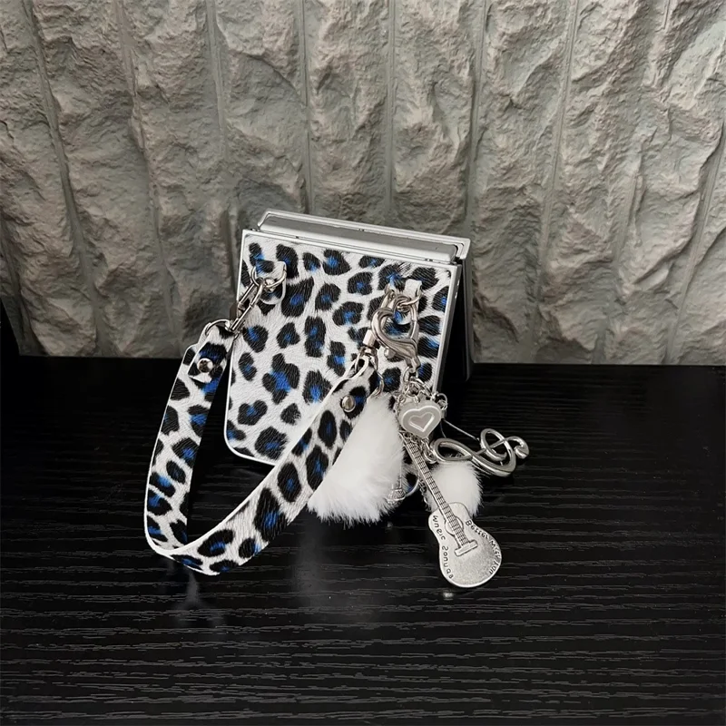 For Samsung Galaxy Z Flip7 5G Case Leopard Print Leather + PC Phone Cover with Guitar Pendant and Strap - White