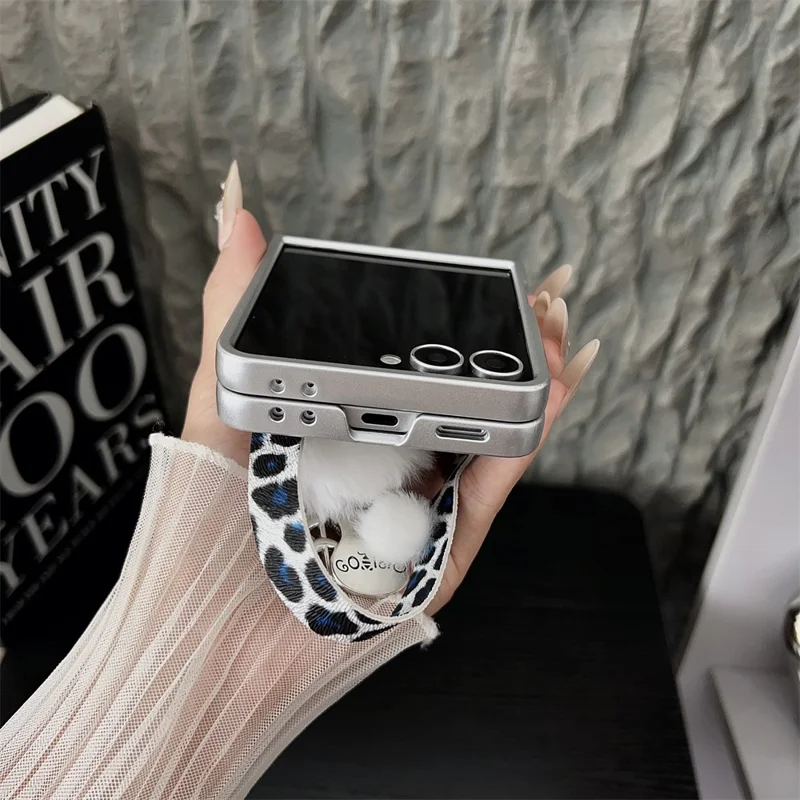 For Samsung Galaxy Z Flip7 5G Case Leopard Print Leather + PC Phone Cover with Guitar Pendant and Strap - White