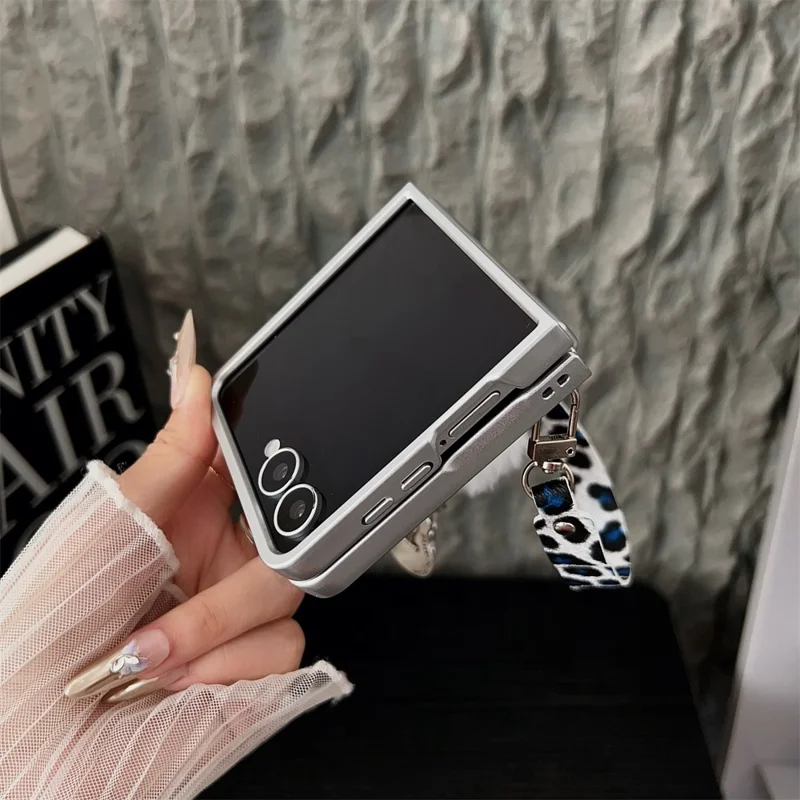 For Samsung Galaxy Z Flip7 5G Case Leopard Print Leather + PC Phone Cover with Guitar Pendant and Strap - White