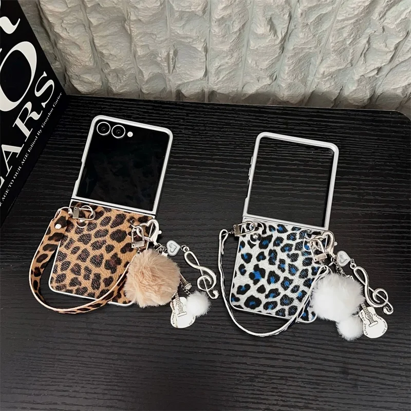 For Samsung Galaxy Z Flip7 5G Case Leopard Print Leather + PC Phone Cover with Guitar Pendant and Strap - White
