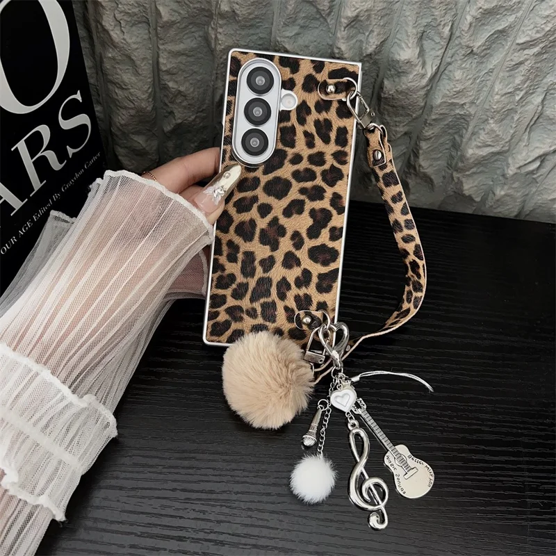 For Samsung Galaxy Z Fold7 5G Case Leopard Print Leather + PC Phone Cover with Guitar Pendant and Strap - Brown