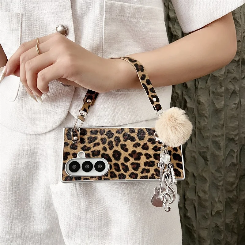 For Samsung Galaxy Z Fold7 5G Case Leopard Print Leather + PC Phone Cover with Guitar Pendant and Strap - Brown