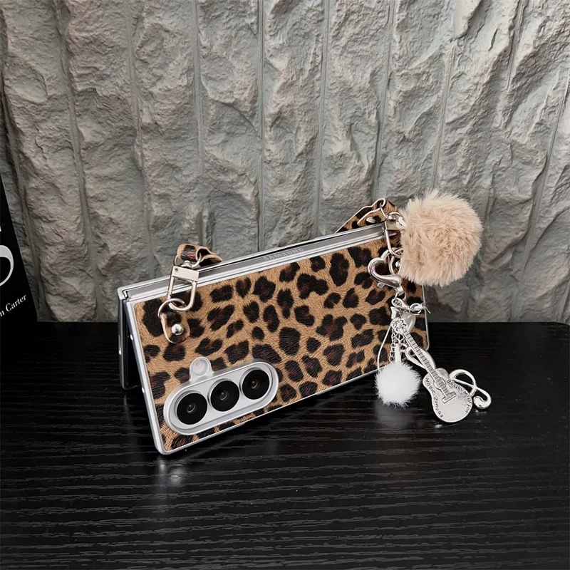 For Samsung Galaxy Z Fold7 5G Case Leopard Print Leather + PC Phone Cover with Guitar Pendant and Strap - Brown