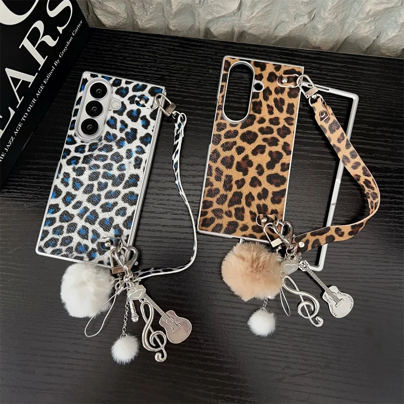 For Samsung Galaxy Z Fold7 5G Case Leopard Print Leather + PC Phone Cover with Guitar Pendant and Strap - Brown