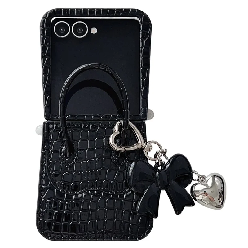 For Samsung Galaxy Z Flip7 5G Case Handbag Crocodile Texture Leather + PC Phone Cover with Bow Heart Pendant - Black