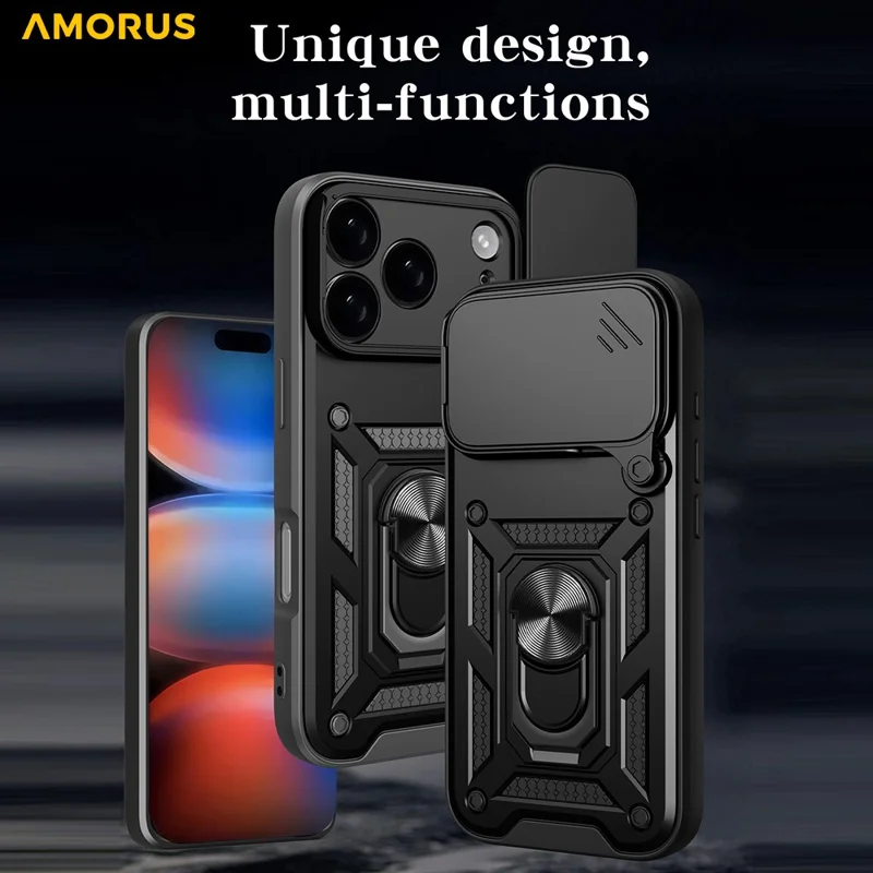 AMORUS For iPhone 17 Pro Max Case Kickstand PC + TPU Phone Cover with Camera Lens Slider - Black