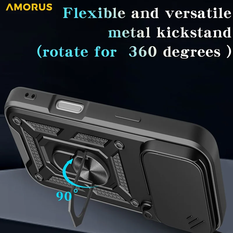 AMORUS For iPhone 17 Pro Max Case Kickstand PC + TPU Phone Cover with Camera Lens Slider - Black